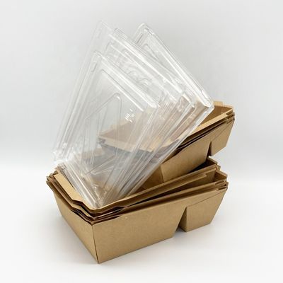 Jednorazowe pojemniki na wynos z papieru rzemieślniczego z przezroczystą plastikową osłoną