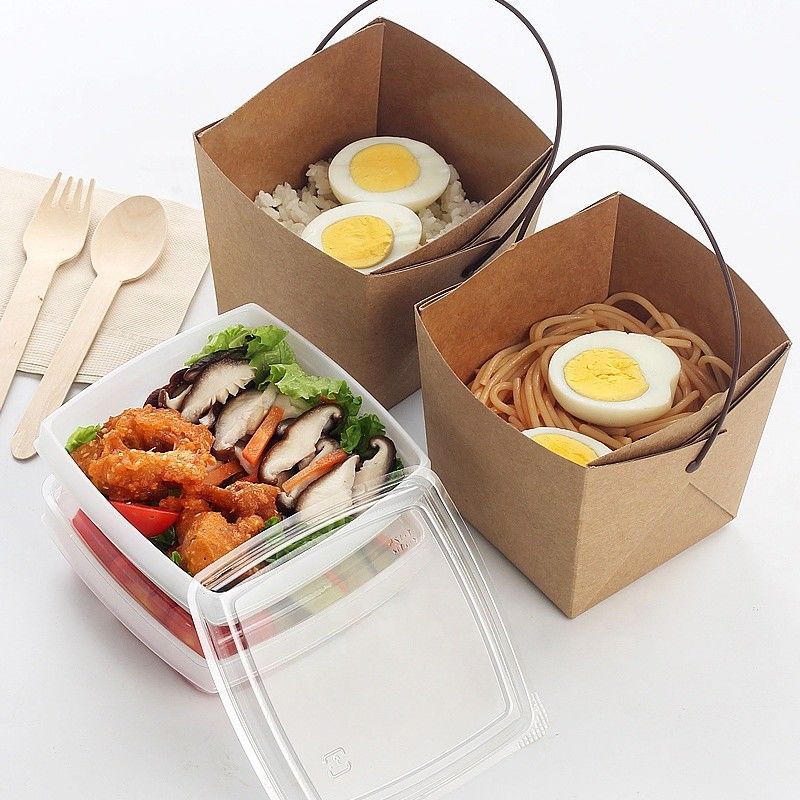 Recycle Kraft Paper Take Away Lunch Pudełko z makaronem z tacą i uchwytem