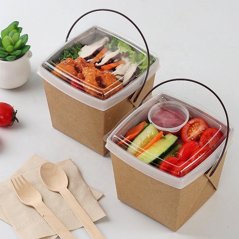 Recycle Kraft Paper Take Away Lunch Pudełko z makaronem z tacą i uchwytem