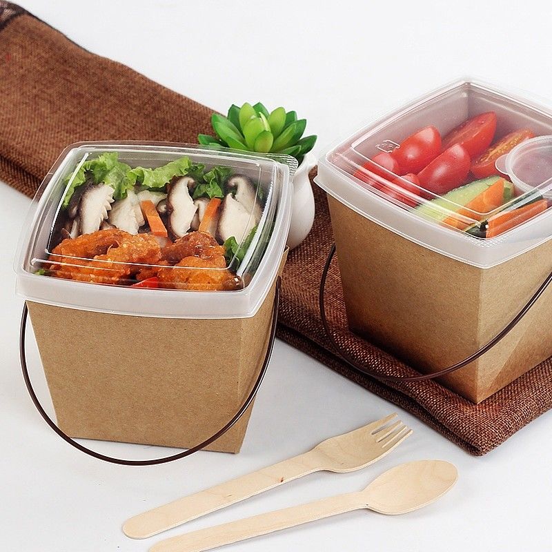 Recycle Kraft Paper Take Away Lunch Pudełko z makaronem z tacą i uchwytem
